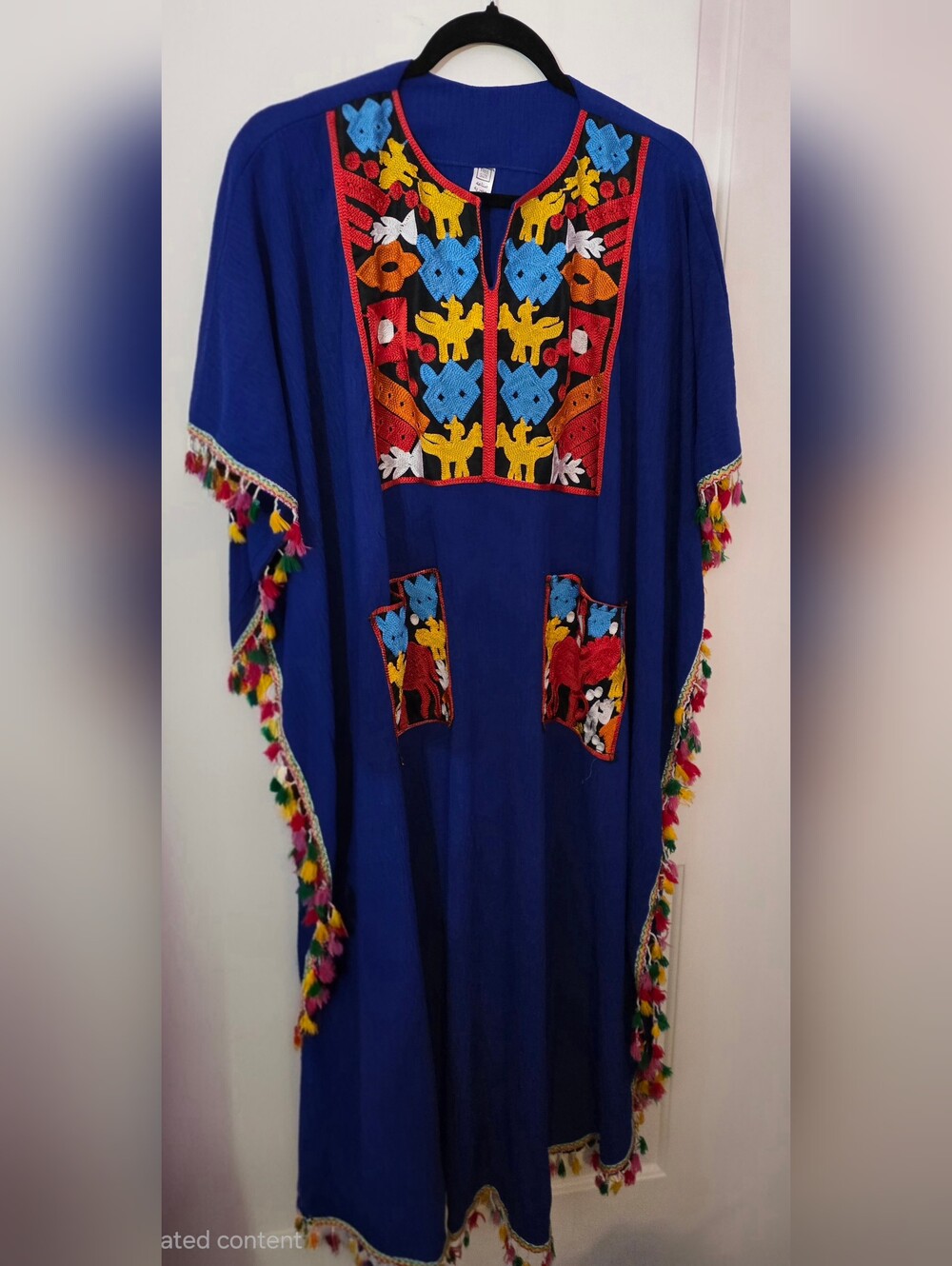 Women's Royal Blue Embroidered Kaftan - Boho One Size Dress w/Multicolor Tassels